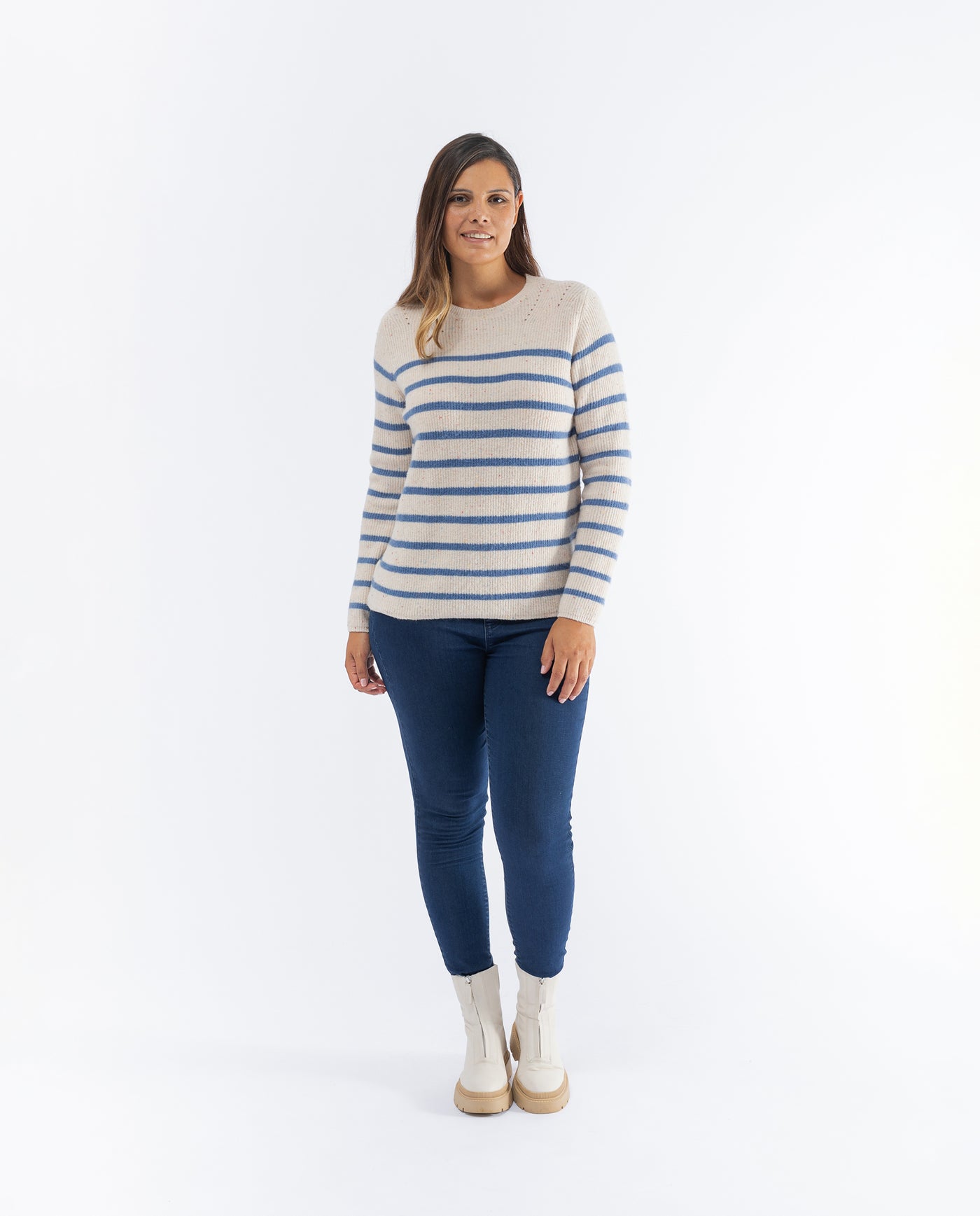 STRIPED SWEATER AND BLUE CHEVIOT