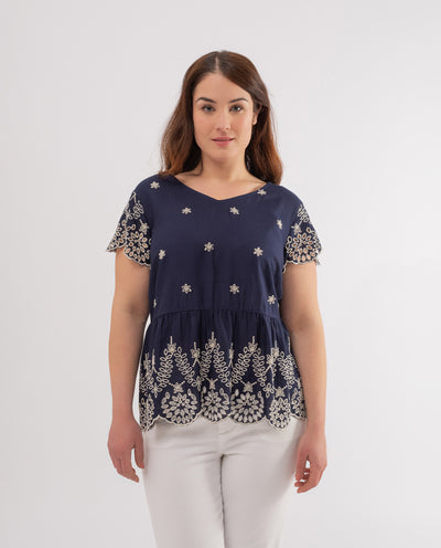 BLUE CONTRAST EMBROIDERED TOP