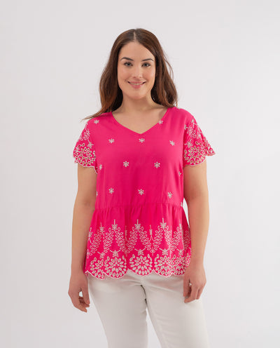 FUCHSIA CONTRAST EMBROIDERED TOP