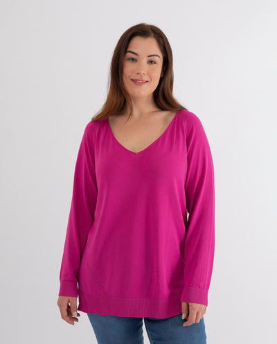 SWEATER WITH SLEEVED V NECK WITH MAGENTA WAIST