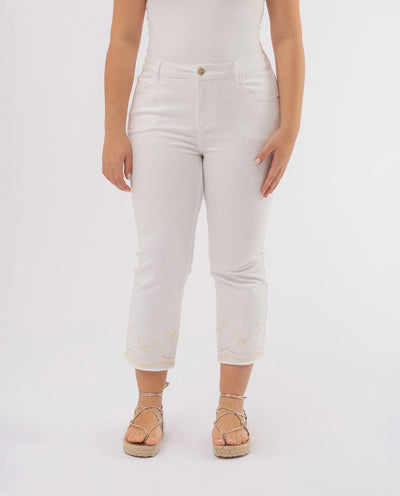 WHITE EMBROIDERED TROUSERS WITH HEM