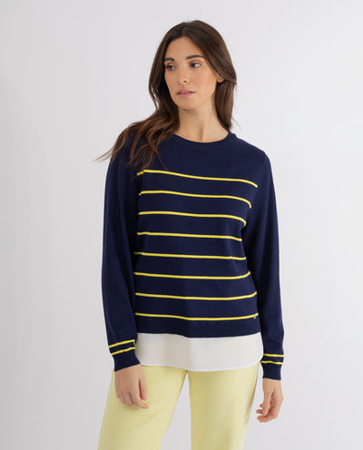 STRIPED SWEATER WITH NAVY BLUE SKIRT