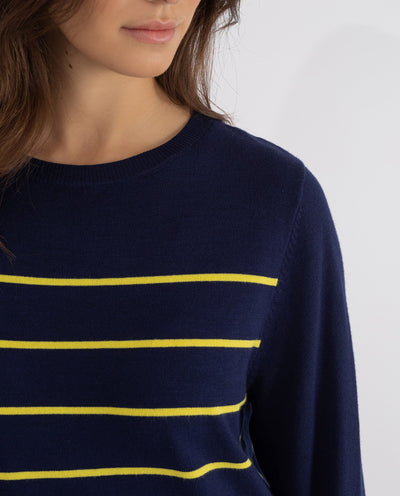 STRIPED SWEATER WITH NAVY BLUE SKIRT