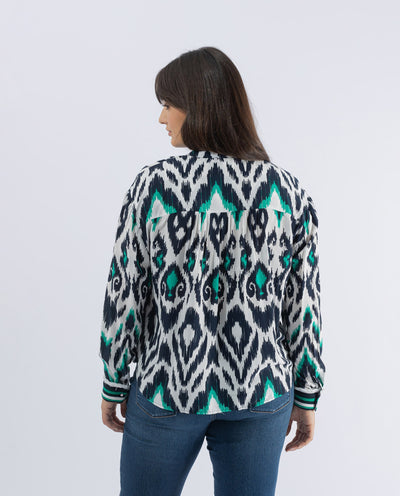 IKAT PRINTED BLOUSE WITH CUFF DETAILS, DARK BLUE