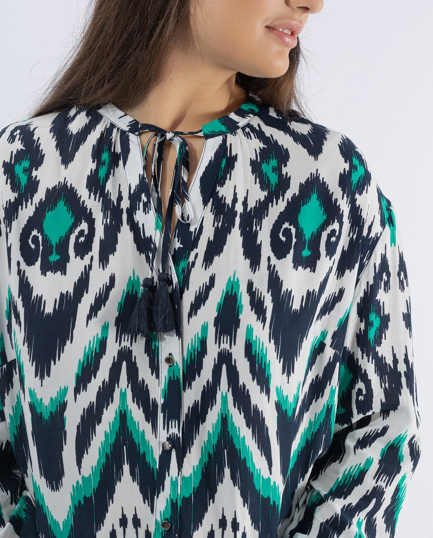 IKAT PRINTED BLOUSE WITH CUFF DETAILS, DARK BLUE