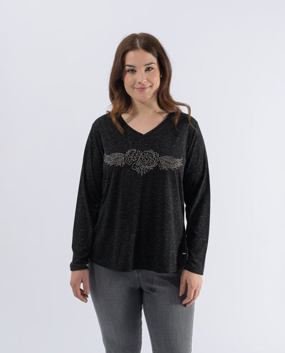 LUREX THREAD T-SHIRT WITH WINGS AND BLACK HEART