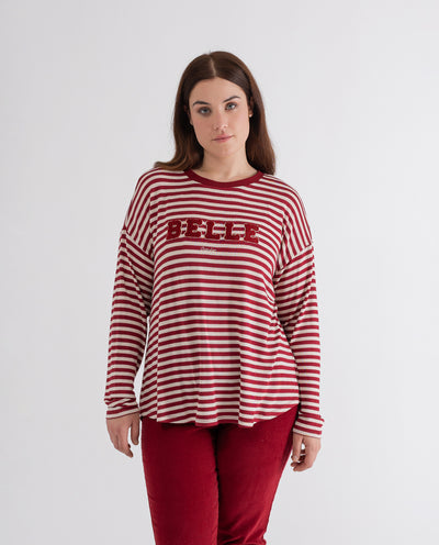 STRIPED T-SHIRT WITH CHERRY LETTER EMBROIDERY