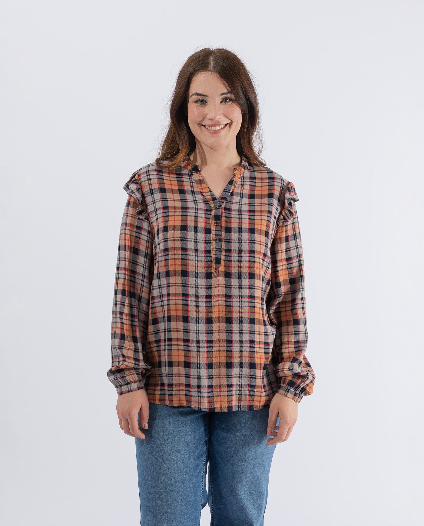 BLUSA A QUADRI IN FILO TINTO ARANCIO BRUCIATO