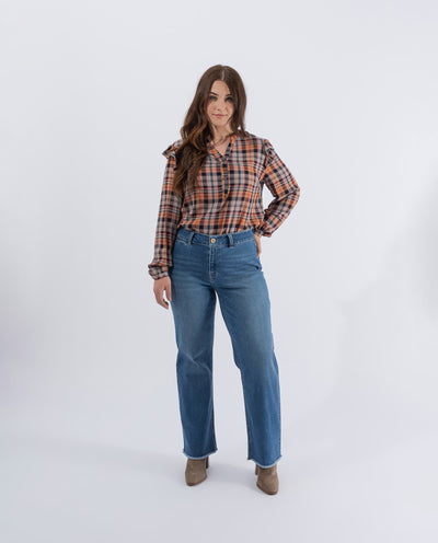 BLUSA A QUADRI IN FILO TINTO ARANCIO BRUCIATO
