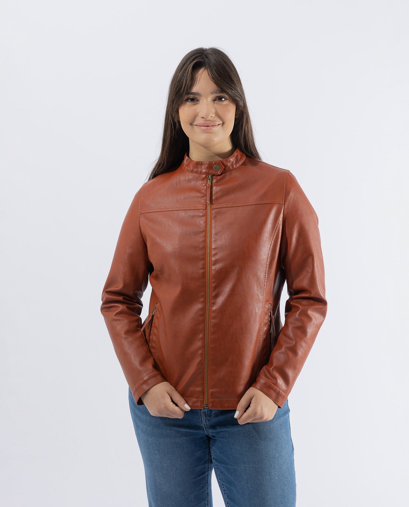 BURNT ORANGE WASHED EFFECT ECO-LEATHER JACKET