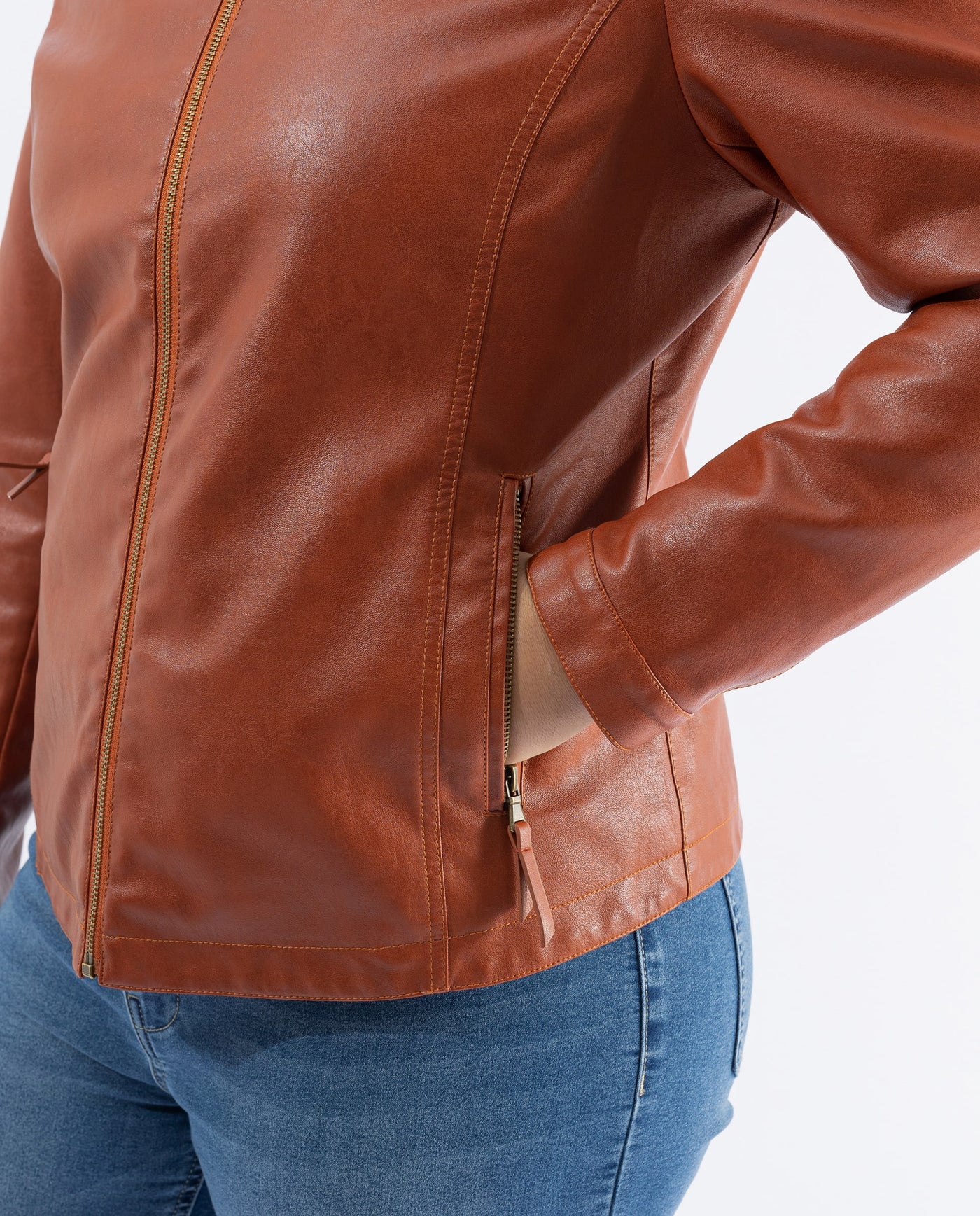 BURNT ORANGE WASHED EFFECT ECO-LEATHER JACKET