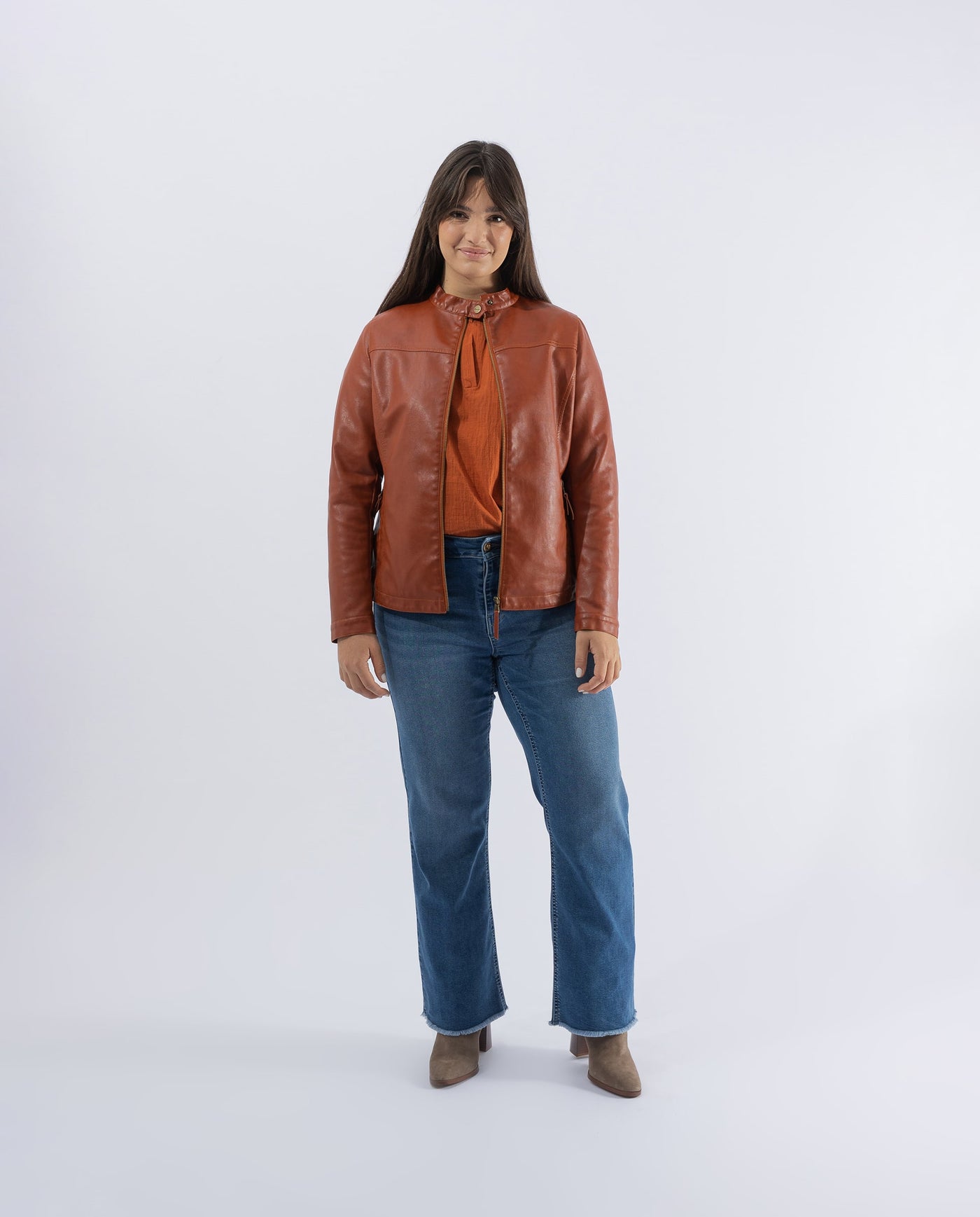 BURNT ORANGE WASHED EFFECT ECO-LEATHER JACKET