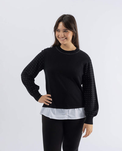 KNIT SWEATSHIRT WITH STUDDED SLEEVES AND BLACK SKIRT