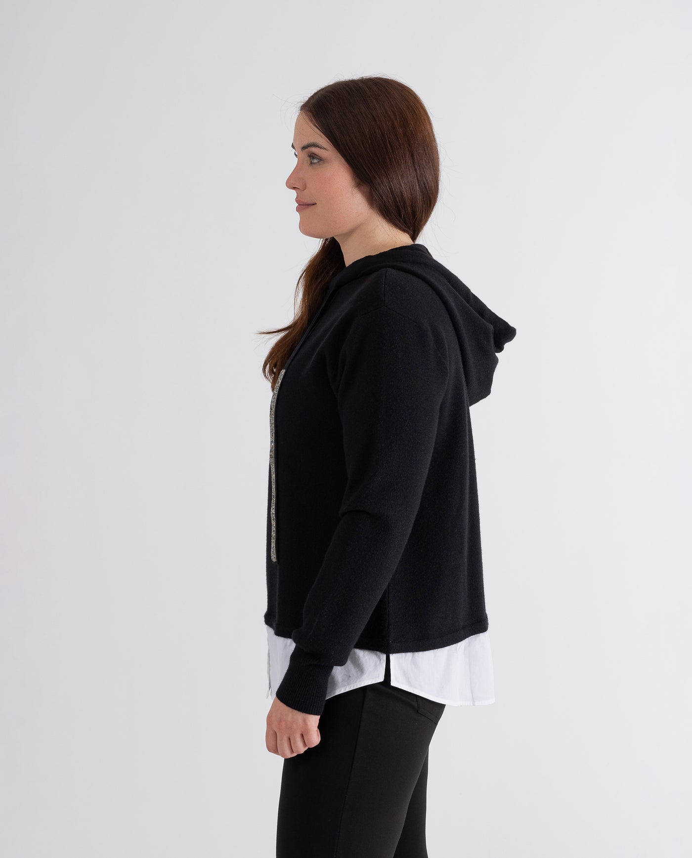 KNIT SWEATSHIRT WITH STRASS RIBBONS AND BLACK SKIRT