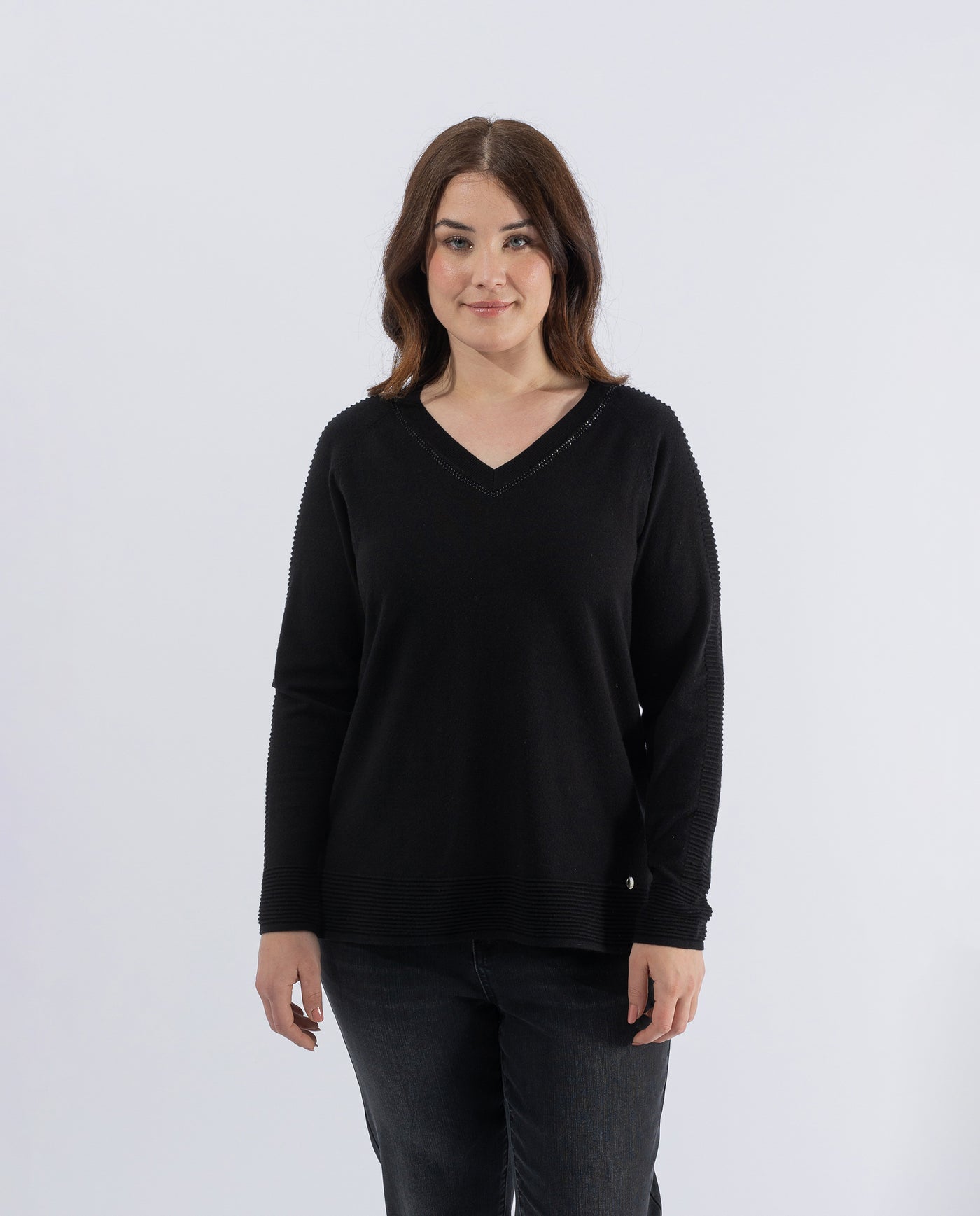 V-NECK SWEATER WITH STRASS AND PURE BLACK OTTOMAN