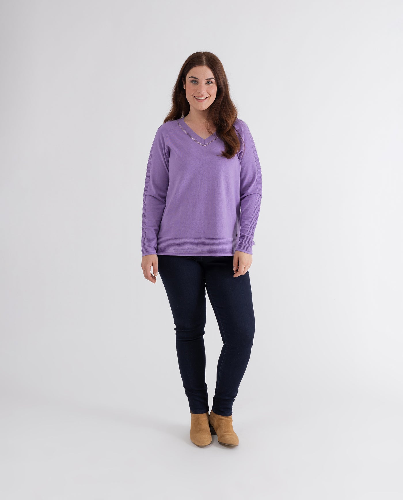 V-NECK SWEATER WITH STRASS AND VIOLET OTTOMAN