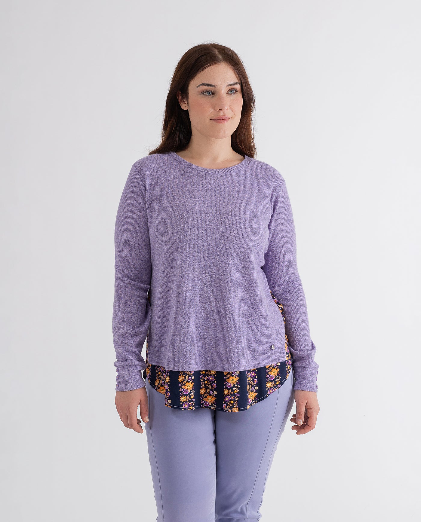 CONTRAST T-SHIRT WITH MAUVE FLOWER PRINT