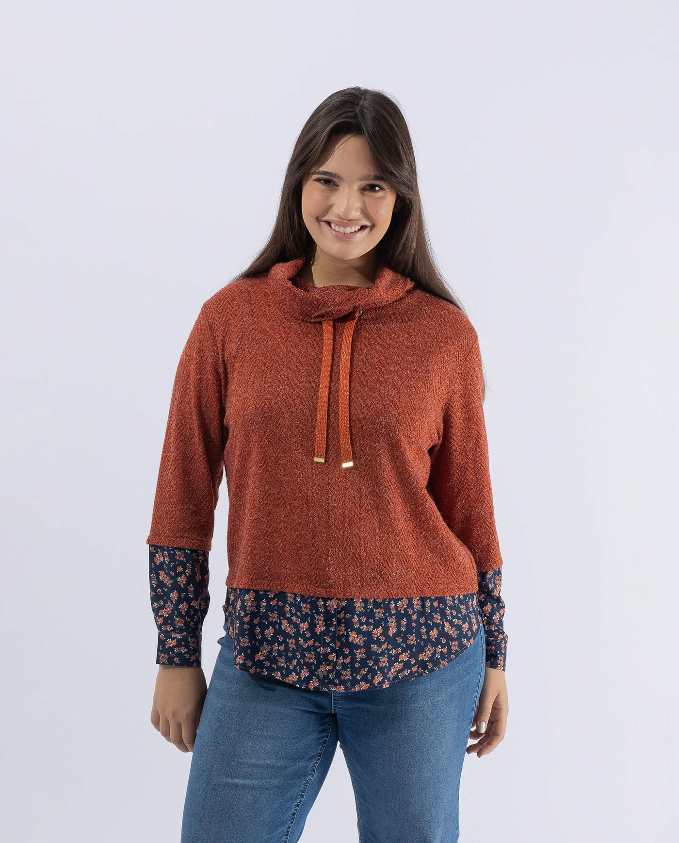 CAMISETA ESPIGA CON FALDON Y PUÑOS DE FLORES  NARANJA QUEMADO