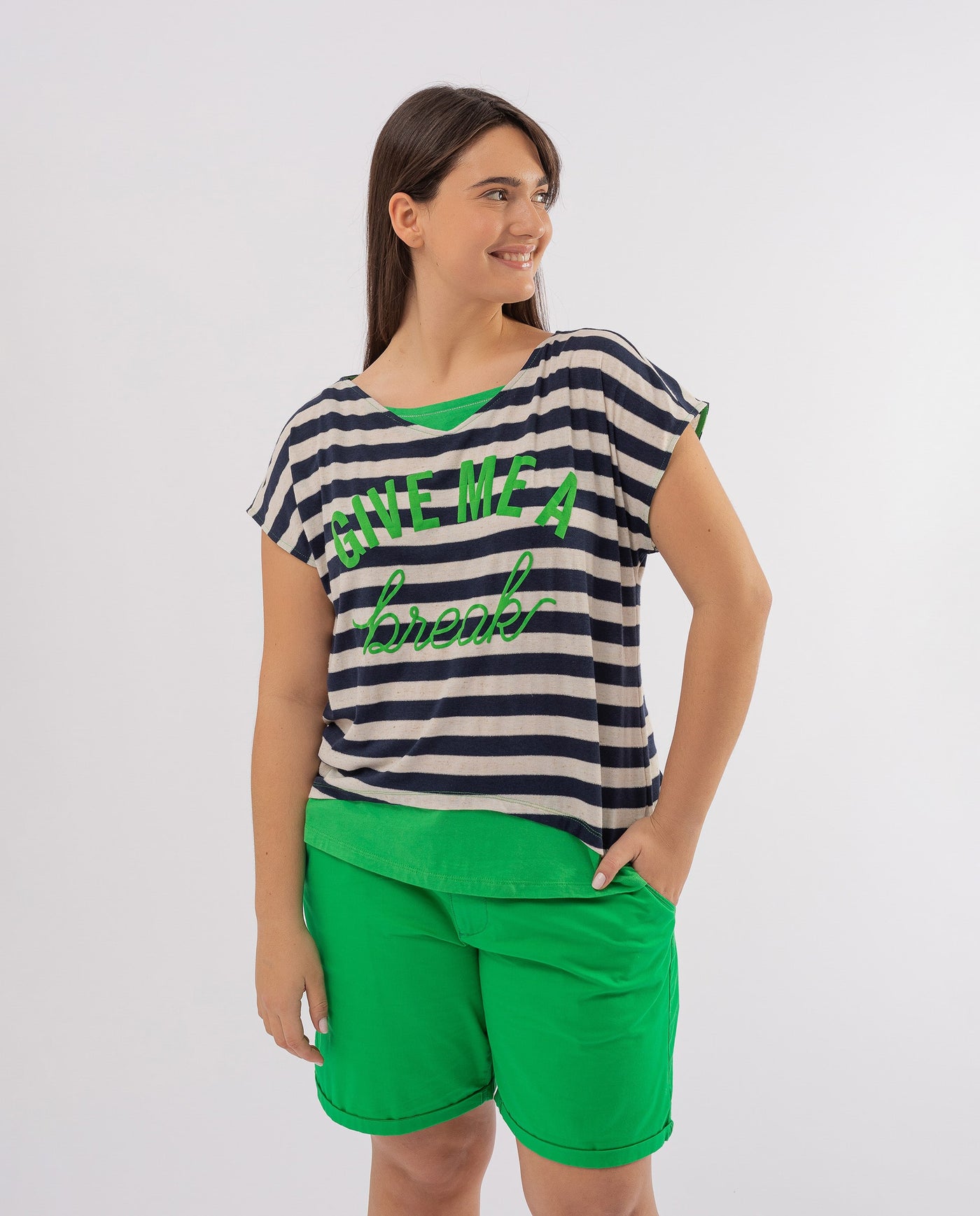 STRIPED T-SHIRT WITH GREEN CONTRASTING TEXT