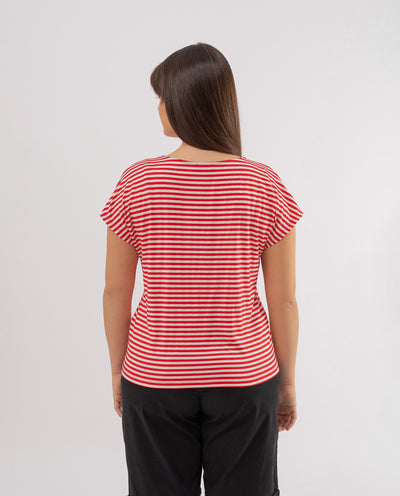 RED STRIPES AND LAMINATED LETTERS T-SHIRT