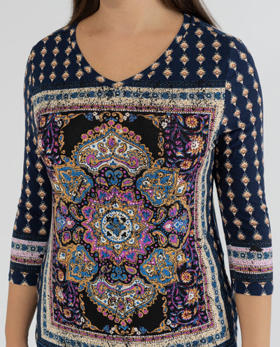 T-SHIRT BOHO STAMPATA BLU MEDIO