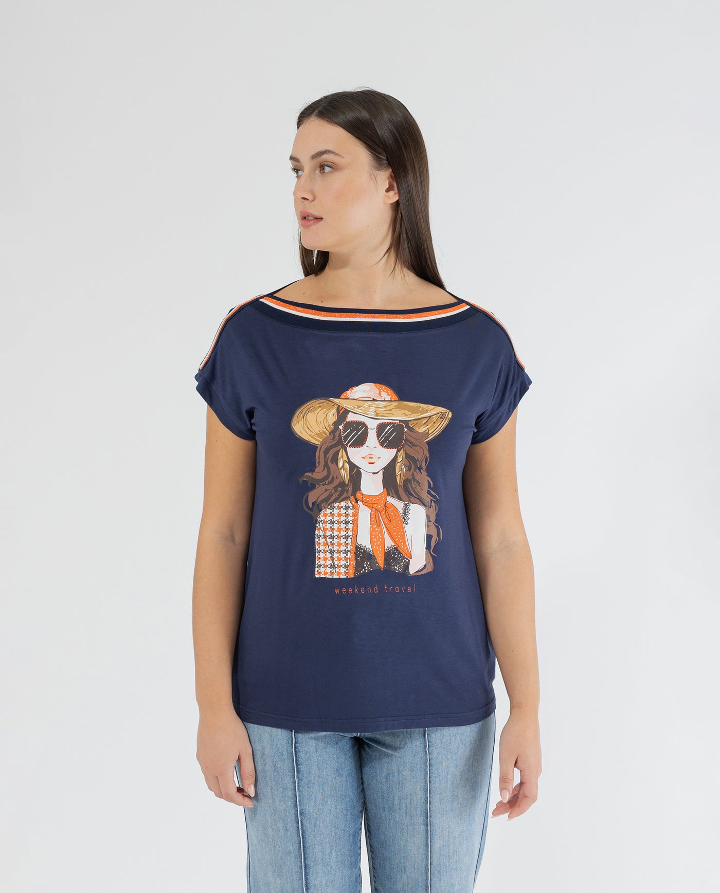 GIRL'S RIB NECK DARK BLUE GRAPHIC T-SHIRT