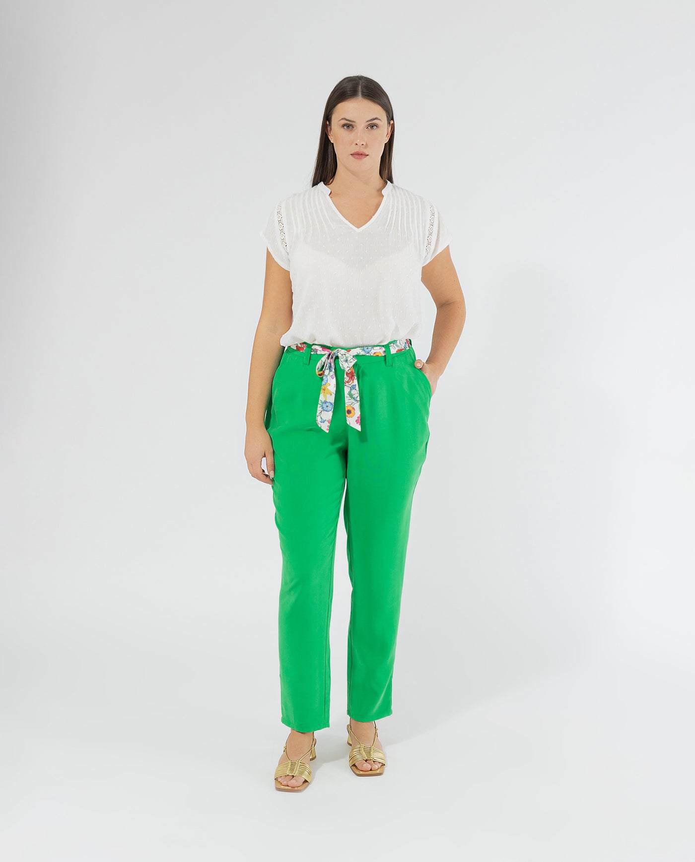 PANTS WITH GREEN SCARF BELT