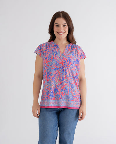 CORAL LAMINATED FLOWER PRINT BLOUSE