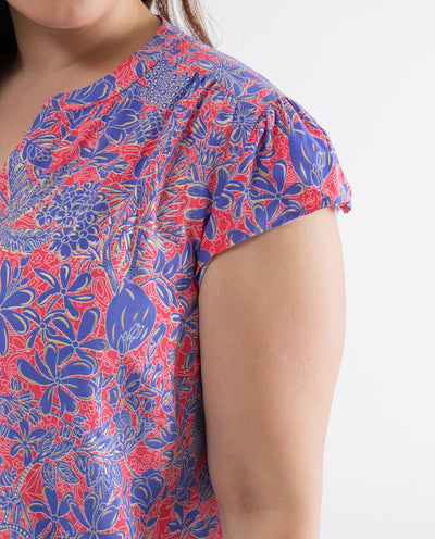 CORAL LAMINATED FLOWER PRINT BLOUSE