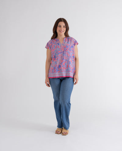 CORAL LAMINATED FLOWER PRINT BLOUSE