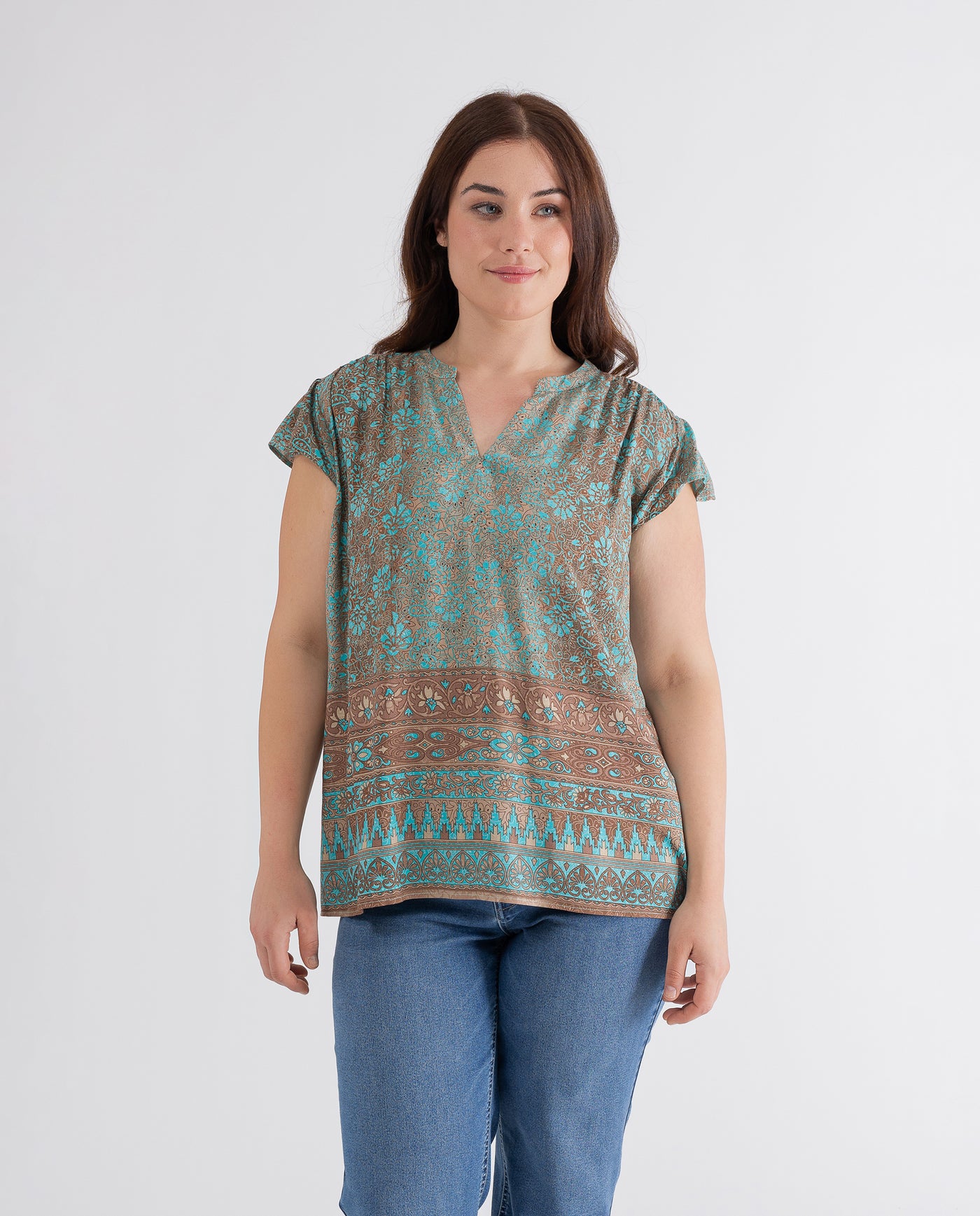 TURQUOISE BLURRED EFFECT PRINTED BLOUSE