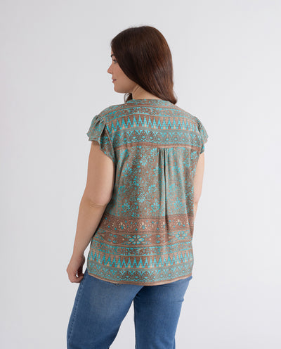 TURQUOISE BLURRED EFFECT PRINTED BLOUSE
