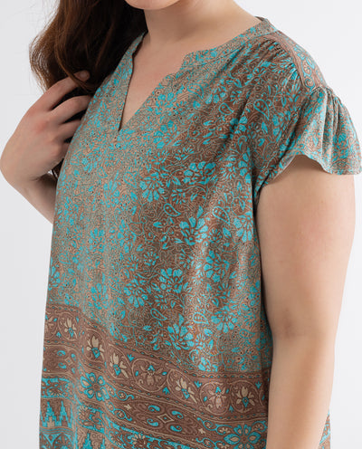 TURQUOISE BLURRED EFFECT PRINTED BLOUSE