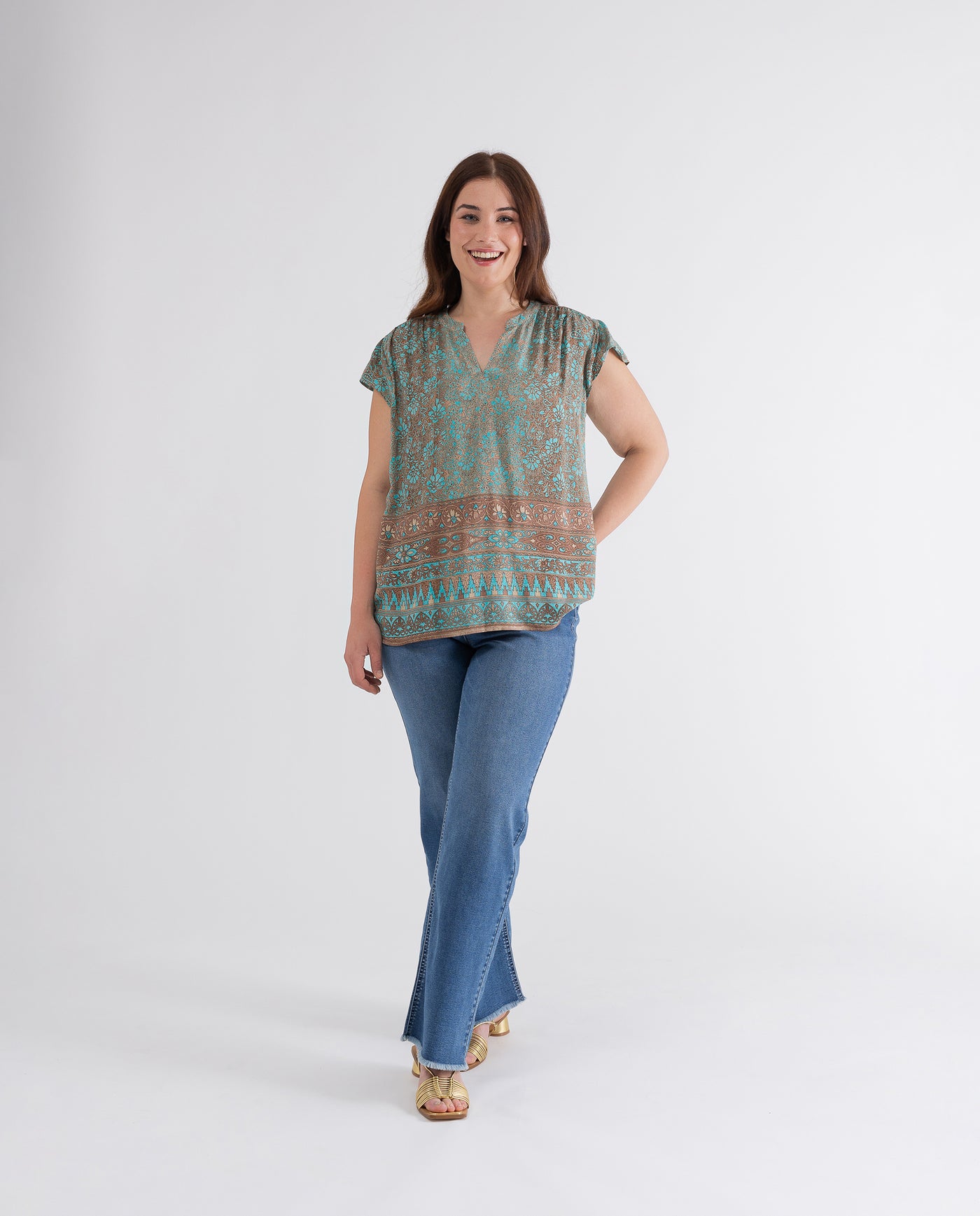 TURQUOISE BLURRED EFFECT PRINTED BLOUSE