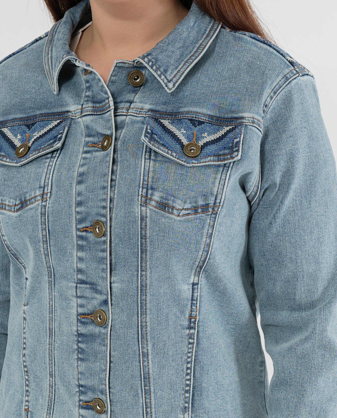 MEDIUM BLUE DENIM JACKET WITH CROSS STITCH DETAIL