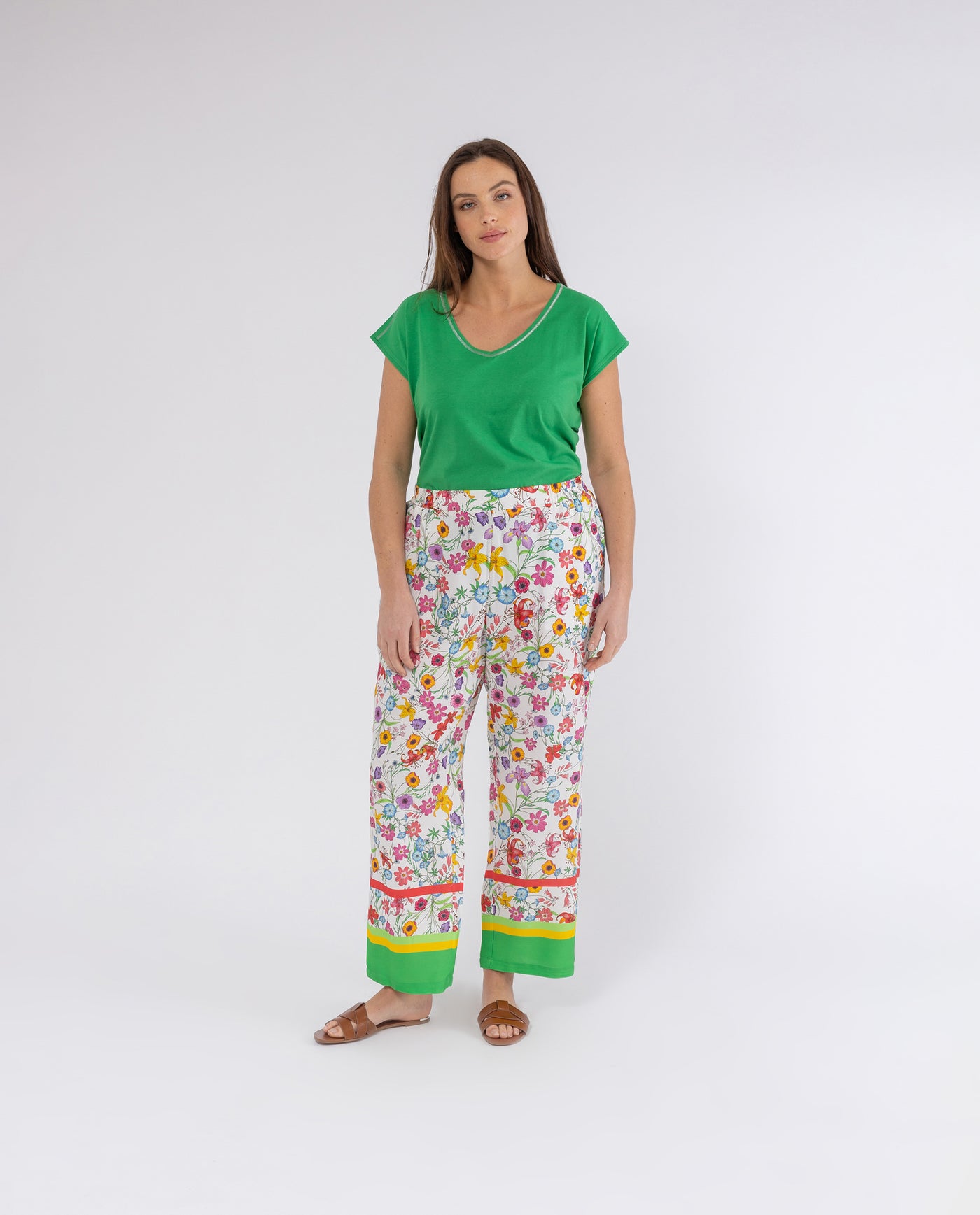 FLOWER PAJAMAS PANTS AND GREEN BORDER