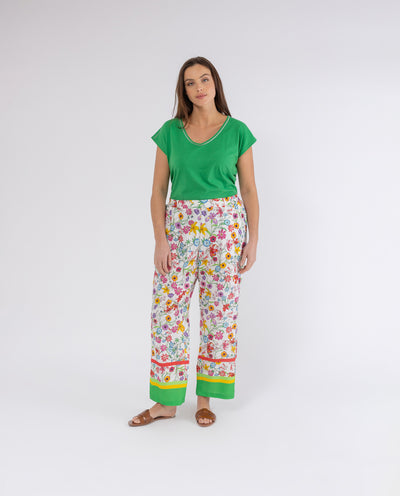 PANTALONE PIGIAMA A FIORI E BORDO VERDE