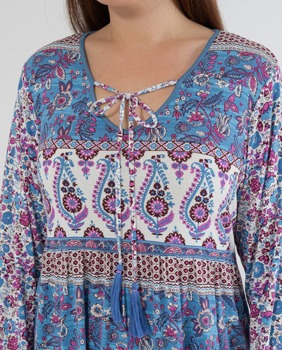 CAMISETA BOHO FLORES POSICIONAL  AZUL MEDIO