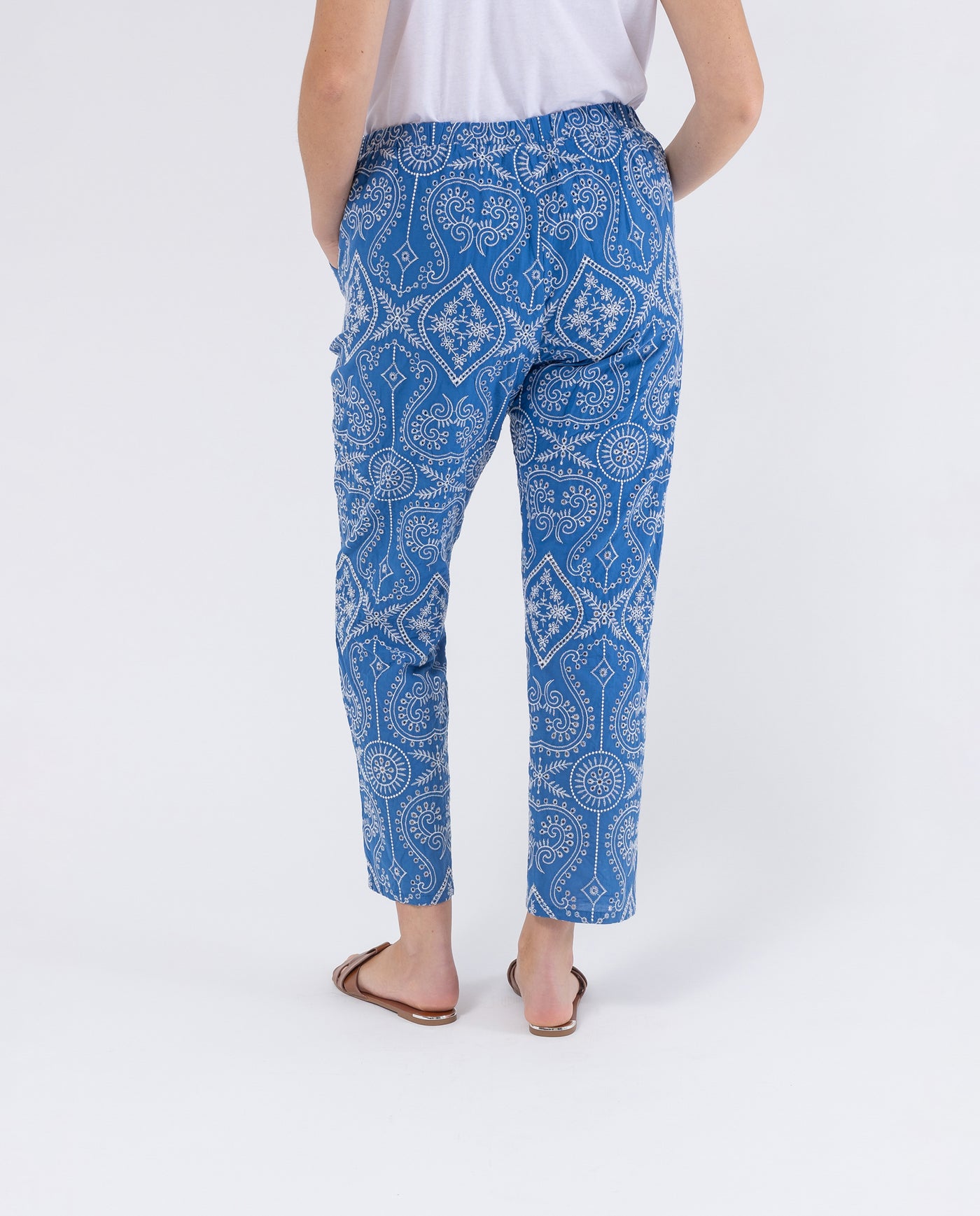 COBALT BLUE CONTRAST EMBROIDERY FABRIC PANTS