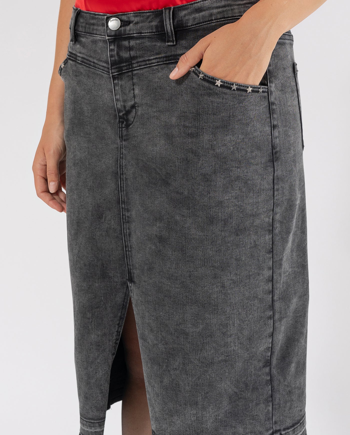 GONNA IN DENIM CON BORCHIE DECORATIVE GRIGIO