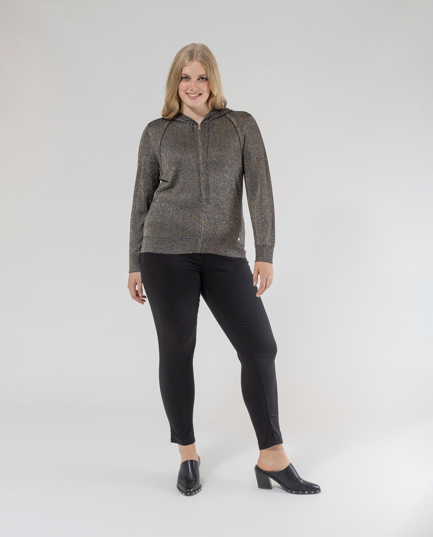 BLACK FRONT ZIP HOODED CARDIGAN