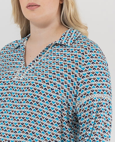 PRINTED BLOUSE WITH LAPEL COLLAR AND THREE-QUARTER SLEEVES IN BLUE