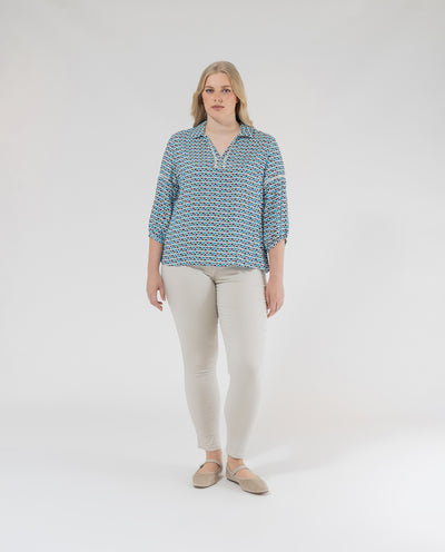 PRINTED BLOUSE WITH LAPEL COLLAR AND THREE-QUARTER SLEEVES IN BLUE