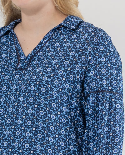 DARK BLUE PRINTED BLOUSE WITH LAPEL COLLAR AND THREE-QUARTER SLEEVES