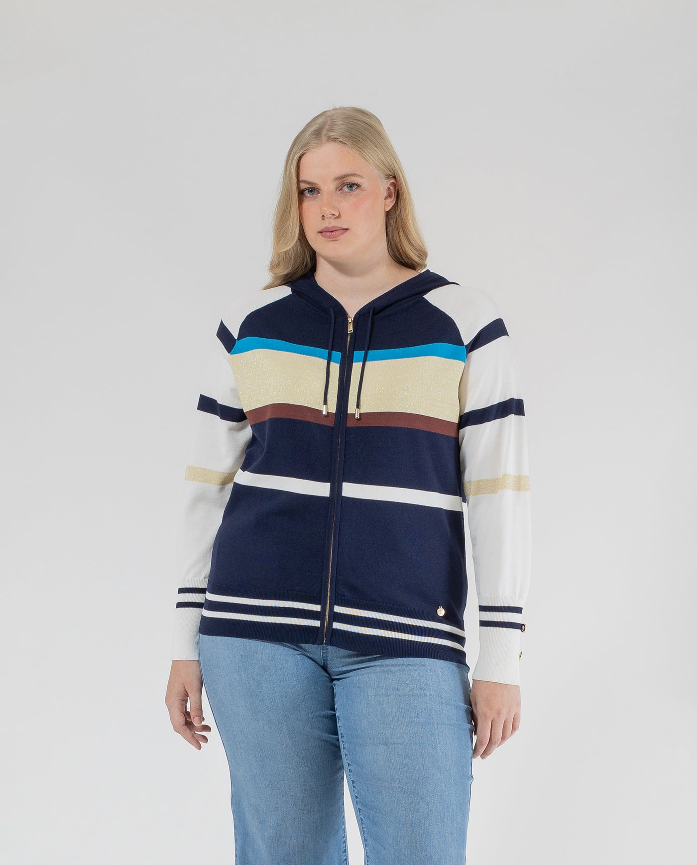 CARDIGAN RAYAS CON CAPUCHA Y CREMALLERA FRONTAL  CAMEL