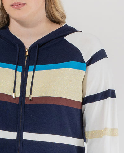 CARDIGAN RAYAS CON CAPUCHA Y CREMALLERA FRONTAL  CAMEL