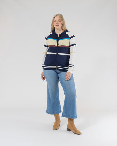 CARDIGAN RAYAS CON CAPUCHA Y CREMALLERA FRONTAL  CAMEL