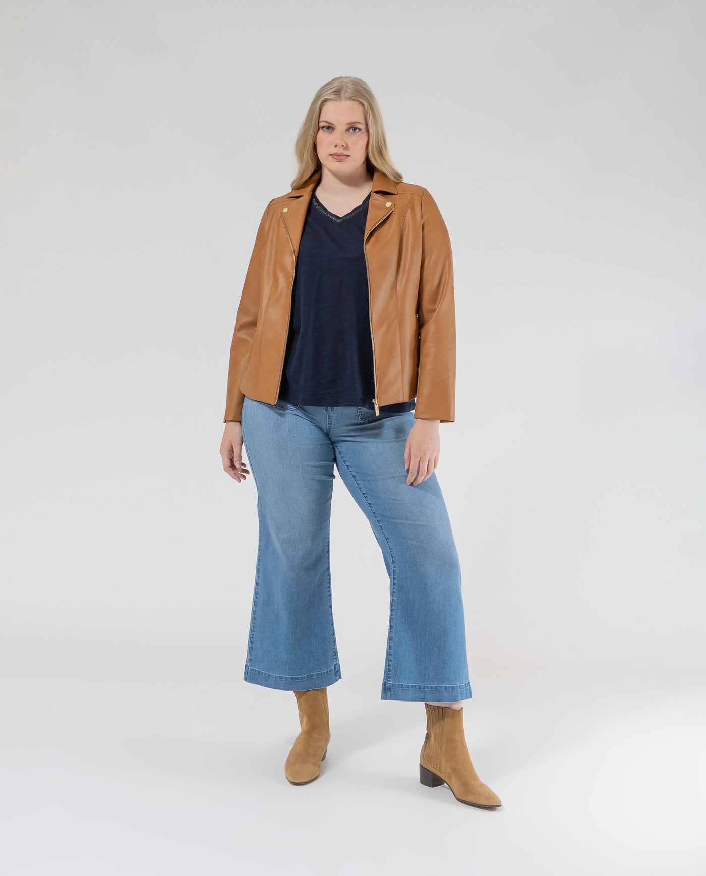 DENIM PANTS WITH PLASTRON POCKETS AND EVASE HEM, MEDIUM BLUE