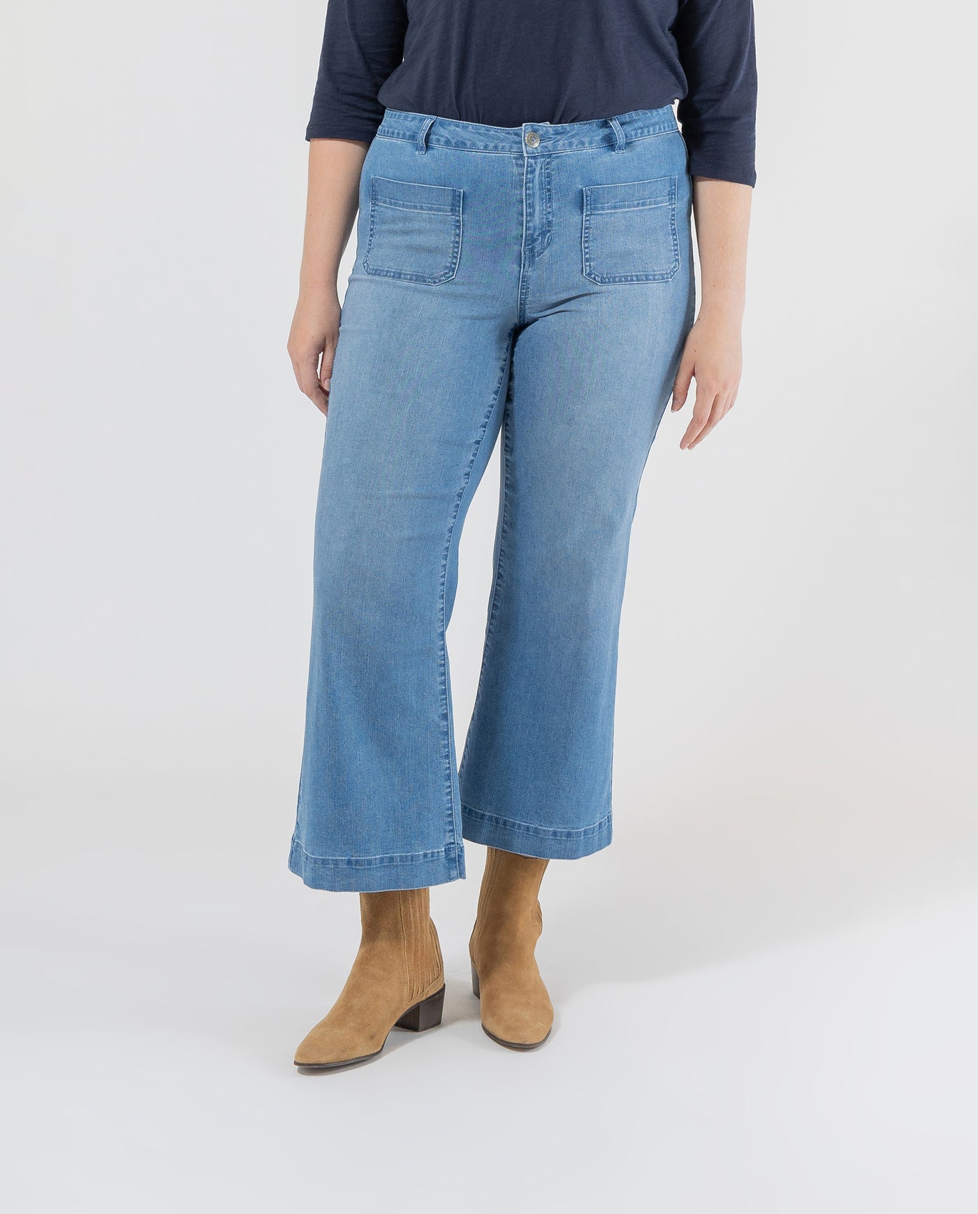 DENIM PANTS WITH PLASTRON POCKETS AND EVASE HEM, MEDIUM BLUE