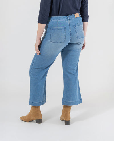 DENIM PANTS WITH PLASTRON POCKETS AND EVASE HEM, MEDIUM BLUE